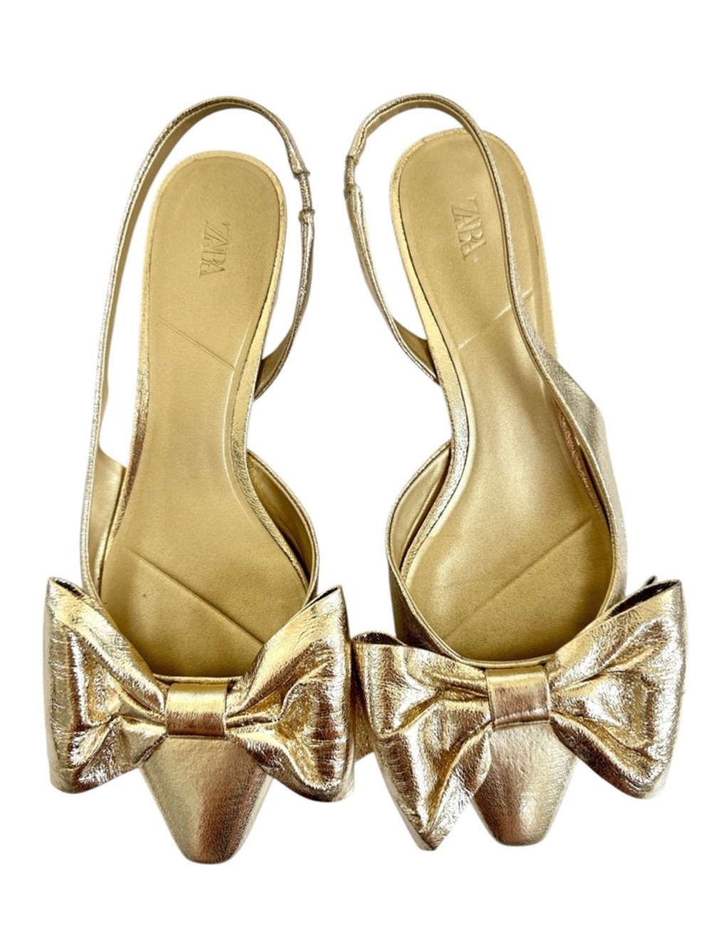 Zara Gold Bow Slingback Flats Metallic Pointed Toe Shoes Size 39